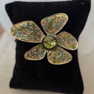Gold and AB Crystals Mod Flower Green Brooch Pin